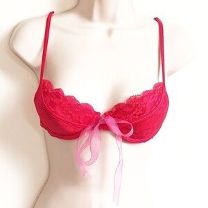 🆕 Victoria’s Secret solid red lace front closure bra pink tie padded